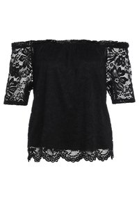 Schwarzes Off-Shoulder-Oberteil aus Spitze, mit kurzen Ärmeln mit Blumenmustern und einem gewellten Saum. Strukturierter Design über das gesamte Oberteil.