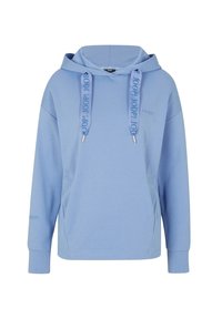 Sudadera con capucha de color azul claro y mangas largas, con cordones y un detalle de logo texturizado en la parte delantera y la manga.