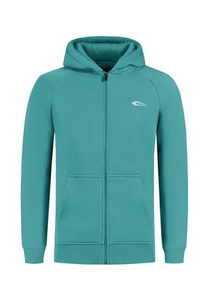 Teal zip-up hættetrøje lavet af blødt stof. Har en frontlynlås, to sidelommer og en hætte med snoretræk. Logo på øverste venstre bryst.