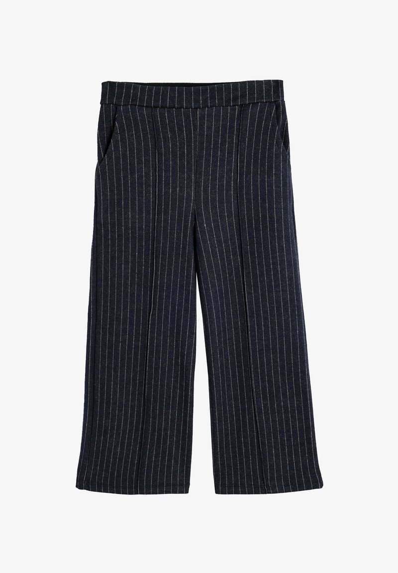Navy striped wide-leg trousers with a flat waistband, side pockets, and a soft texture, featuring thin white vertical stripes.