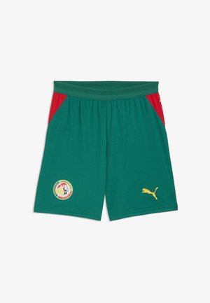 Shorts de sport verts avec des panneaux latéraux rouges, logo de l'équipe de football du Sénégal sur la jambe gauche, et logo Puma jaune sur la jambe droite.