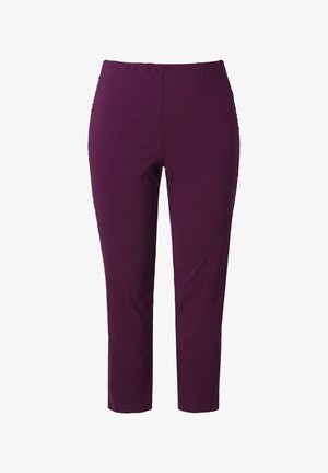 Violetit, joustavat kangashousut suoran lahkeen leikkauksella ja joustavalla vyötäröllä. Sileä pinta, ei näkyviä kuvioita tai varusteita.