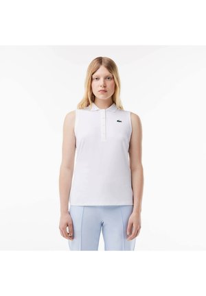 White sleeveless polo shirt with a collar and button closure, featuring a green logo embroidered on the left chest. Smooth fabric texture.