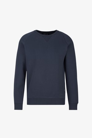 Marineblaue Sweatshirt aus weichem Baumwollmix. Verfügt über gerippte Bündchen und Saum, V-Ausschnitt und ein Logotäfelchen an der Seite. Minimalistisches Design.