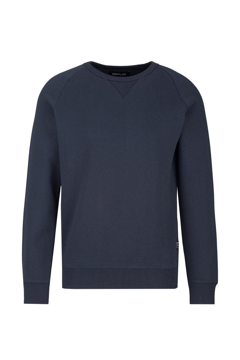 Marineblaue Sweatshirt aus weichem Baumwollmix. Verfügt über gerippte Bündchen und Saum, V-Ausschnitt und ein Logotäfelchen an der Seite. Minimalistisches Design.