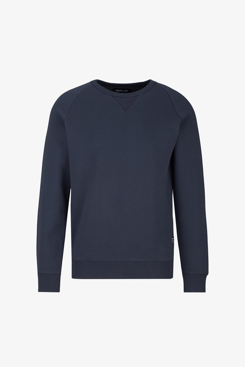 Navyblauwe sweatshirt van een zachte katoenmix. Voorzien van ribgebreide manchetten en onderrand, V-hals en een logolabel aan de zijkant. Minimalistisch ontwerp.