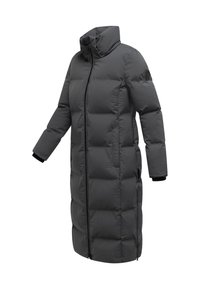 Long gray puffer coat with a high collar, front zipper, and side pockets. Features elastic cuffs and distinct quilted design. Quick-dry material.