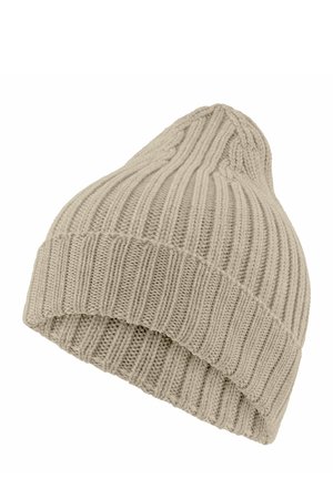 Bonnet en tricot à côtes de couleur beige clair, avec un dessus effilé et un large revers, fabriqué à partir d'un fil doux et texturé.