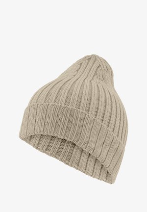 Geribde gebreide muts in lichtbeige, met een taps toelopende bovenkant en brede boord, gemaakt van zacht, gestructureerd garen.