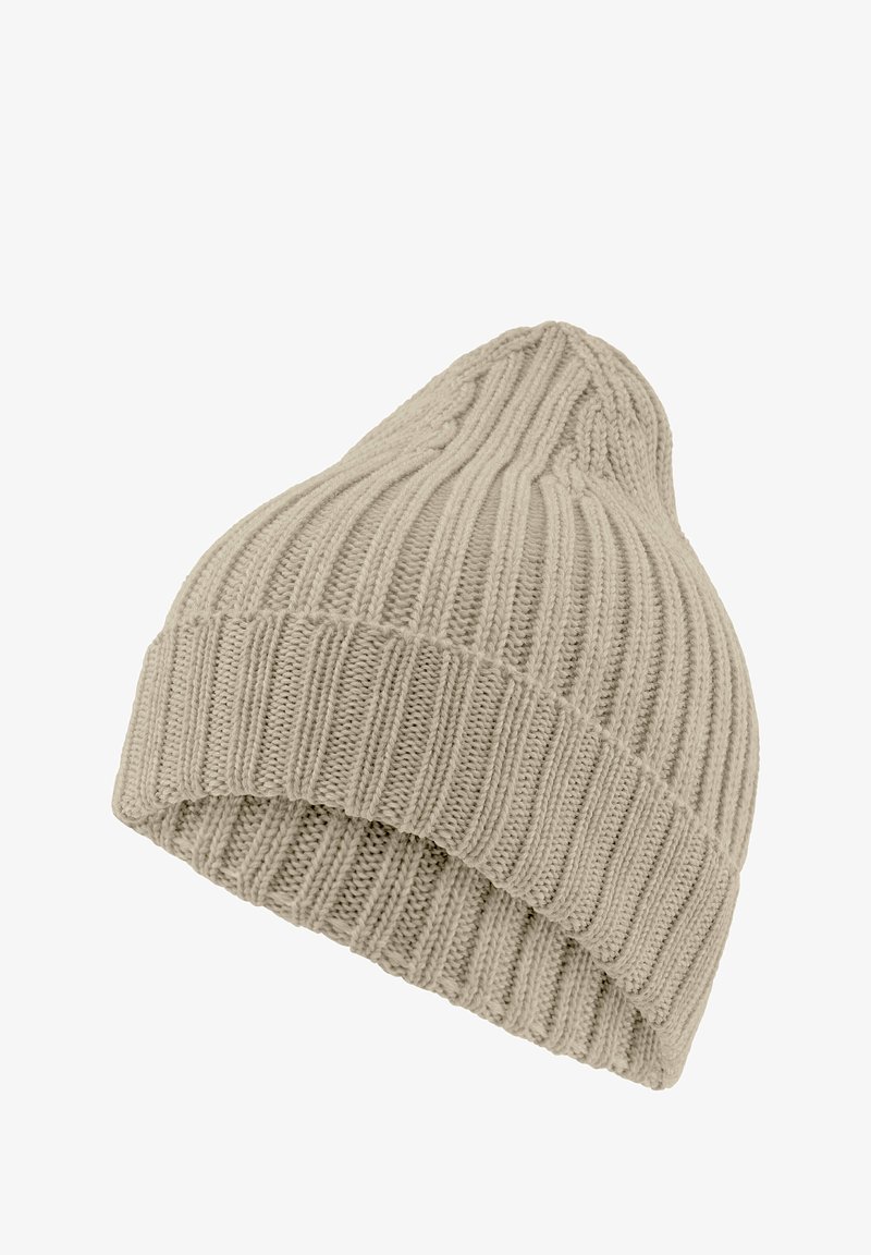 Berretto a maglia rigata in beige chiaro, con cima affusolata e ampia fascia, realizzato in morbido filato testurizzato.