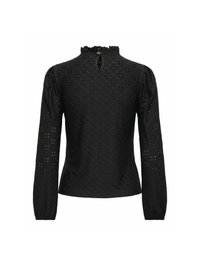 Black blouse with long sleeves, ruffled neckline, and open back design. Features decorative eyelet pattern throughout the fabric.