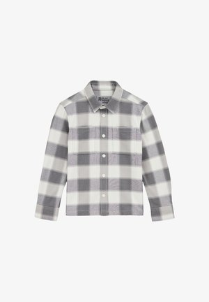 Chemise à manches longues à carreaux gris et blancs, dotée d'un devant à boutons, d'un col et de deux poches poitrine, fabriquée en tissu doux avec un motif à carreaux.