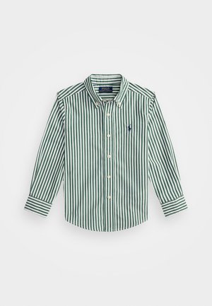 Grün-weißt gestreiftes Langarmhemd mit Button-Down-Kragen, Frontblende und gesticktem Logo auf der Brust. Glatter Stoff.