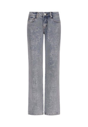 Jeans azzurri chiari con gamba dritta, decorati con ricami di teschi sulla parte frontale, realizzati in denim.