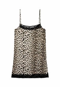 Kamosa s potiskom leoparda z naramnicami, ki ima črno čipkasto obrobo na izrezu in robu. Gladek material, sproščen kroj.