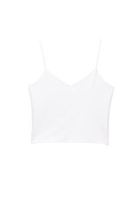 White camisole top with thin straps, made of soft cotton fabric, featuring a V-neckline and a straight cut at the hem.