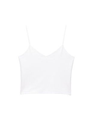 Weißes Camisole-Top mit dünnen Trägern, aus weichem Baumwollstoff, mit V-Ausschnitt und geradem Schnitt am Saum.
