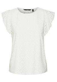 Top bianco a maniche corte con un motivo testurizzato di piccoli tagli e un design a diamante, caratterizzato da maniche a volant e scollatura rotonda.