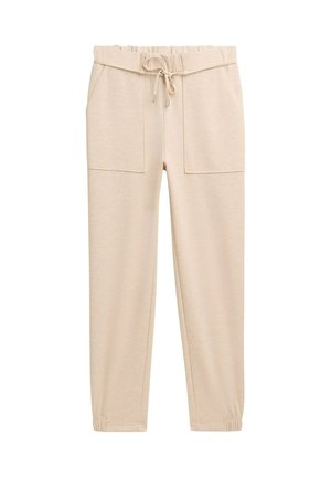 Pantalones jogger beige, transpirables, con cintura elástica, cordón, dos bolsillos frontales y puños ajustados en los tobillos.