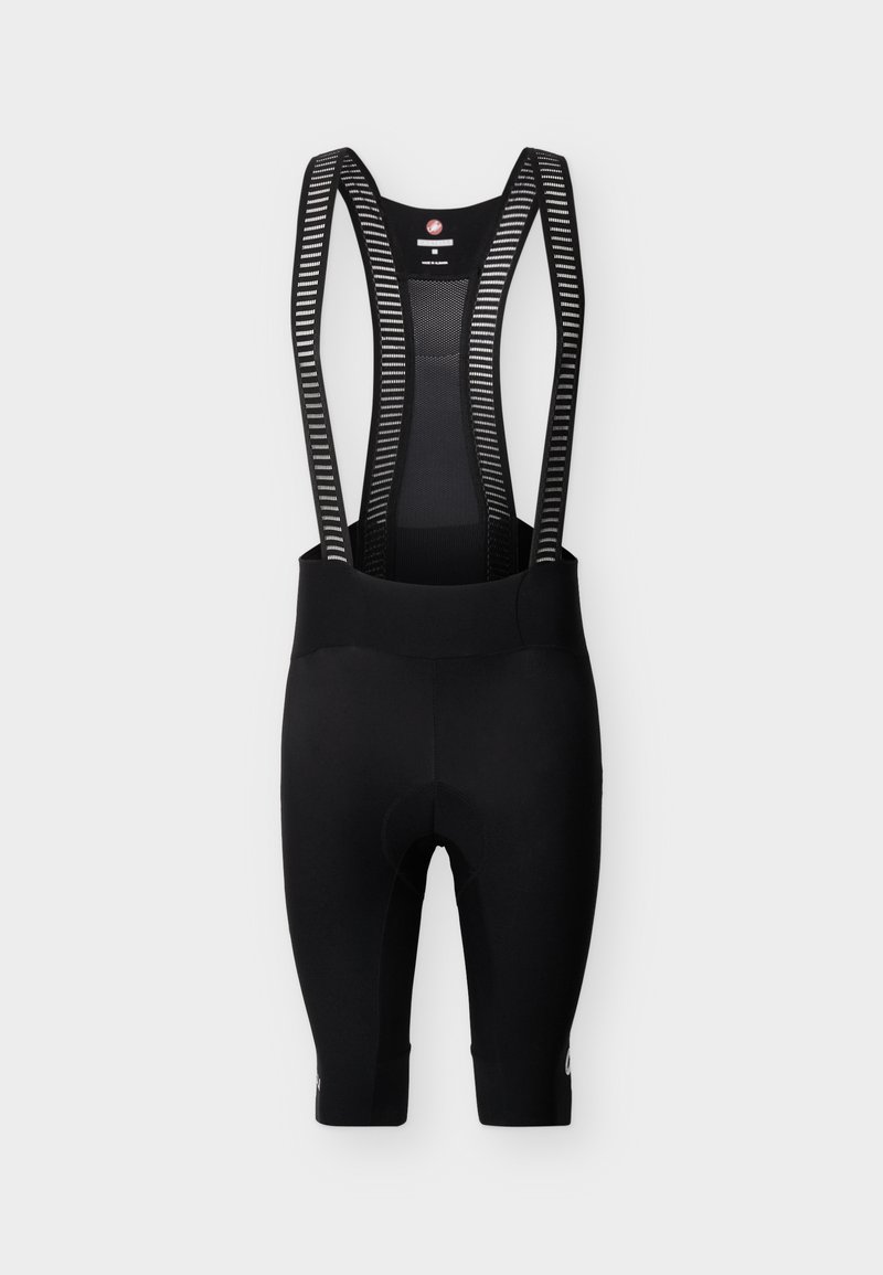 Pantalones cortos de ciclismo negros con panel trasero de malla y tirantes con rayas en los hombros, diseñados para rendimiento y comodidad.