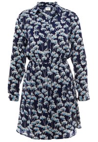 Mörkblå, långärmad skjortklänning med ett blommönster med ljusblå blommor. Materialet verkar slätt; insvängd midja för form.