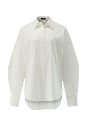 Weißes, langärmeliges Hemd mit entspanntem Schnitt, glatter Textur, spitzem Kragen, seitlichen Schlitzen und abgerundetem Saum.
