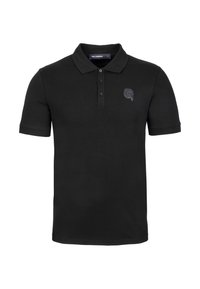 Černé polo tričko s krátkým rukávem, s knoflíkovou légou na tři knoflíky, žebrovaným límcem a decentní logovou akcentací na hrudi. Měkký bavlněný materiál.