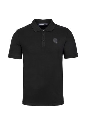Sort polo shirt med korte ærmer, tre-knaps lukning, ribbet krave og en diskret logoakcent på brystet. Blødt bomuldsstof.