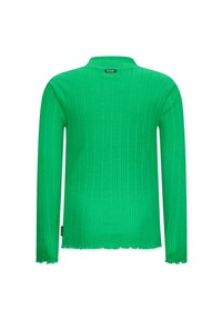 Maglione verde a costine con maniche lunghe, colletto alto e orlo ondulato. Presenta un'etichetta sul colletto con il nome del marchio "RETOUR."