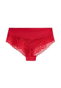 Røde blonde trusser med en glat satinbånd og blomsterløsning. Bølgede kanter giver en delikat finish. Strækbart stof for komfort.