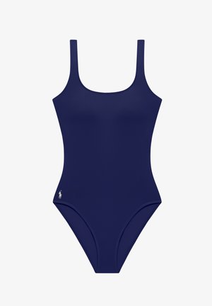 Maillot de bain une pièce bleu marine avec larges bretelles et petit logo blanc près de la hanche gauche.
