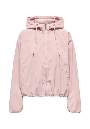 Lichtroze gewatteerde jas met capuchon, voorrits, trekkoord aan de capuchon, elastische manchetten en zijzakken, getoond tegen een witte achtergrond.