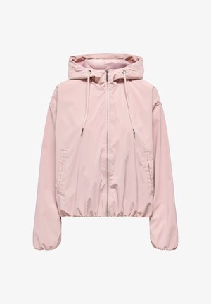 Hellrosa Kapuzenjacke mit Frontreißverschluss, Kordelzugkapuze, elastischen Bündchen und Seitentaschen, dargestellt vor weißem Hintergrund.