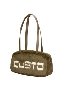 Olijfgroene bont handtas met crèmekleurige "CUSTO" lettering, voorzien van twee stevige, gestructureerde handvatten en een rechthoekige vorm.