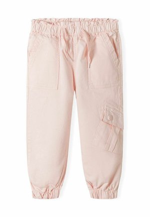 Pantaloni cargo rosa chiaro con cintura elastica, due tasche frontali e una tasca laterale con chiusura a bottone a scatto. Tessuto morbido, vestibilità comoda.