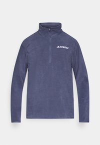 Granatowy polarowy pulower z kołnierzem na półzamek, z białym logo "TERREX" na piersi i długimi rękawami. Gładka faktura.