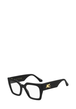 Occhiali rettangolari neri oversize con lenti trasparenti. Presentano un logo dorato sull'asta. Realizzati in plastica liscia con finitura opaca.