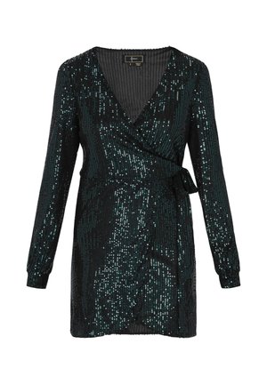 Črna obleka z zavitjem, dolge rokave, globok V-izrez in teksturirana tkanina okrašena s teal bleščicami. Povezuje se v pasu za prilagojen videz.