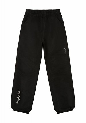 Mustat joustavat vyötärö- ja resorihousut, joissa vasemmassa lahkeessa heijastava kolmionmuotoinen kuvio ja oikeassa reidessä pieni logo.