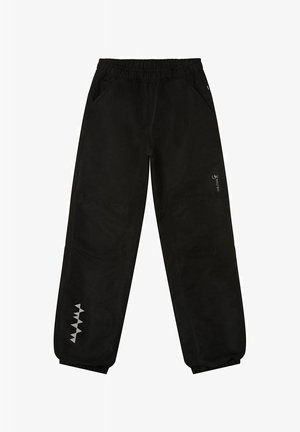 Sorte elastiske bukser med elastik i taljen og med manchetter, med reflekterende trekantsmønster på venstre ben og lille logo på højre lår.