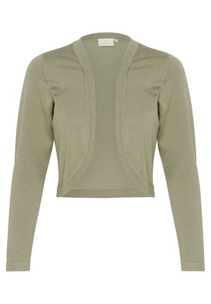 Gilet court vert clair en tissu doux et texturé. Design à l'avant ouvert avec des manches longues et des accents côtelés subtils.