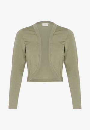 Hellgrüne, verkürzte Strickjacke aus weichem, strukturiertem Stoff. Offenes Frontdesign mit langen Ärmeln und dezenten Rippenakzenten.