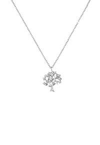 Zilveren ketting met een boomhangertje, gedetailleerd met takken en bladeren, versierd met kleine heldere edelsteentjes, aan een fijne ketting.