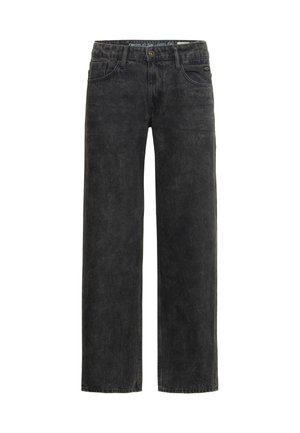 Black denim jeans with a relaxed fit, straight legs, five-pocket design, and a subtle faded texture. Features a button and zipper closure.