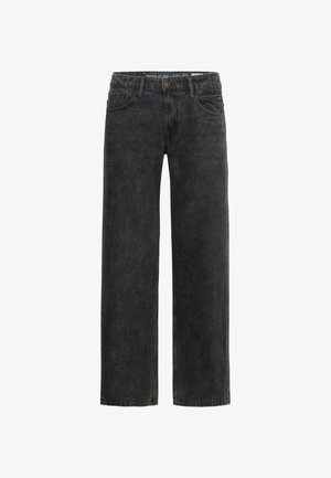 Jean en denim noir à coupe décontractée, jambes droites, design à cinq poches et texture légèrement délavée. Comprend une fermeture par bouton et zip.