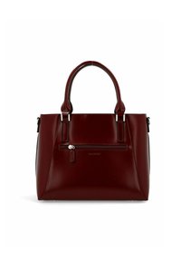 Bolso tote de cuero burdeos con dos asas resistentes, un bolsillo frontal con cremallera, herrajes en tono plateado y un diseño estructurado.