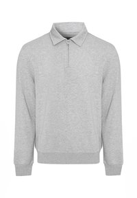 Szary polo z długim rękawem i kołnierzem z pół zamkiem, wykonane z miękkiego materiału, z prążkowanymi mankietami i prostym dołem. Minimalistyczny design.
