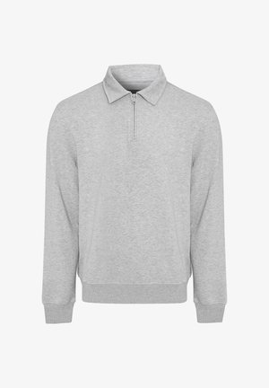 Graues Langarm-Polohemd mit halbem Reißverschlusskragen, aus weichem Material gefertigt, mit gerippten Bündchen und geradem Saum. Minimalistisches Design.