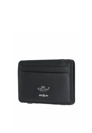 Porte-cartes en cuir noir sécurisé RFID avec plusieurs emplacements pour cartes, coutures embossées et logo "Golden Head Germany" à l'avant.
