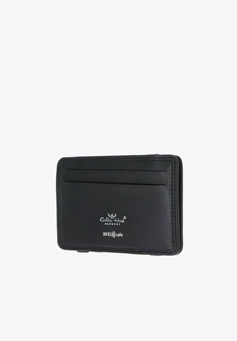 Porte-cartes en cuir noir sécurisé RFID avec plusieurs emplacements pour cartes, coutures embossées et logo "Golden Head Germany" à l'avant.